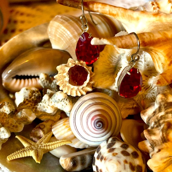 Earrings, Ruby Red and Silver Dangling, .5” Long - Picture 2 of 12